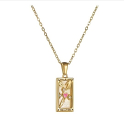Golden Rhinestone Tarot Card Pendant Necklace with Enamel, Golden Stainless Steel Jewelry for Women, The Lovers VI, 19.69 inch(50cm)
