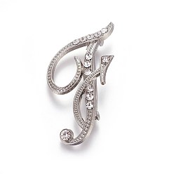 Platinum Alloy Brooches, with Rhinestone, Letter, Letter.F, Platinum, 44x31x3mm, Pin: 1mm