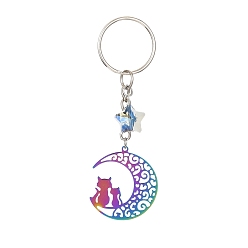 Rainbow Color Stainless Steel Hollow Moon Cat Keychains, with Iron Keychain Ring and Star Glass Pendant, Rainbow Color, 8.7cm
