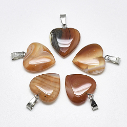 Sienna Natural Banded Agate/Striped Agate Pendants, Dyed, with Stainless Steel Snap On Bails, Heart, Stainless Steel Color, Sienna, 22~24x20~21x5~7mm, Hole: 3~4x7~8.5mm