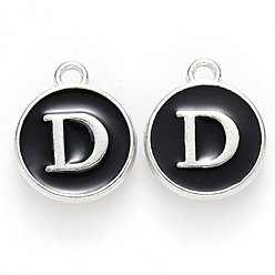 Letter D Platinum Plated Alloy Charms, Cadmium Free & Lead Free, with Enamel, Enamelled Sequins, Flat Round with Letter, Letter.D, 14x12x2mm, Hole: 1.5mm
