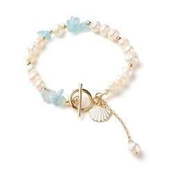 Aquamarine Natural Aquamarine Chip Beaded Bracelet, Natural Pearl Bracelets for Women, with Shell Shape Charms, Golden, 7-5/8 inch(19.5cm)