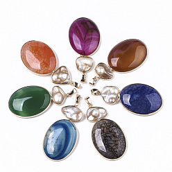 Mixed Color Natural Agate Big Pendants, with Light Gold Tone Brass Edge & Snap on Bails, Natural Keshi Pearl Beads, Dyed, Oval, Mixed Color, 55~60x31x7mm, Hole: 8x5mm