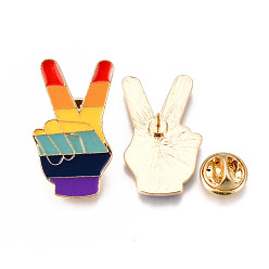 Colorful Alloy Enamel Brooches, Enamel Pin, with Brass Butterfly Clutches, Gesture for Victory, Light Gold, Cadmium Free & Nickel Free & Lead Free, Colorful, 32x19x2mm, Pin: 1mm