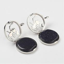 Blue Goldstone Synthetic Blue Goldstone Pendants, with Brass Diffuser Locket Findings, Flat Round with Angel, 31x26x8mm, Hole: 4mm