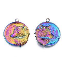 Rainbow Color Ion Plating(IP) 201 Stainless Steel Pendants, Flat Round with Wolf, Rainbow Color, 30x25.5x3mm, Hole: 2.5mm