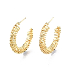 Real 18K Gold Plated Brass Wire Swirl C-shape Stud Earrings, Half Hoop Earrings for Women, Nickel Free, Real 18K Gold Plated, 30x6mm, Pin: 0.8mm