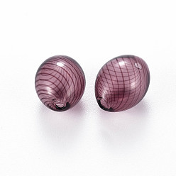 Old Rose Transparent Handmade Blown Glass Globe Beads, Stripe Pattern, Oval, Old Rose, 15~16x11~12mm, Hole: 1.5~2.2mm