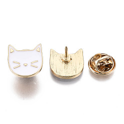 White Alloy Brooches, Enamel Pin, with Brass Butterfly Clutches, Cat Shape, Light Gold, White, 14.5x14x2mm, Pin: 1mm