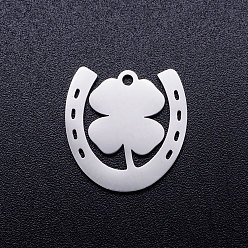 Stainless Steel Color 201 Stainless Steel Pendants, Horseshoe with Clover, Stainless Steel Color, 17x16.5x1mm, Hole: 1.5mm