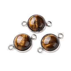Tiger Eye Natural Tiger Eye Connector Charms, Half Round Links, with Stainless Steel Color Tone 304 Stainless Steel Findings, 14x22x5.5mm, Hole: 2mm