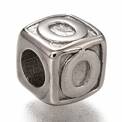 Letter O 304 Stainless Steel European Beads, Large Hole Beads, Horizontal Hole, Cube with Letter, Stainless Steel Color, Letter.O, 8x8x8mm, Hole: 4.5mm