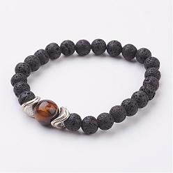 Tiger Eye Natural Lava Rock and Tiger Eye Stretch Bracelets, with Alloy Finding, Antique Silver, 2-1/4 inch(56mm)