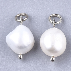 Creamy White Natural Cultured Freshwater Pearl Pendants, with Brass Findings, Platinum, Creamy White, 16x9~10mm, Hole: 3mm