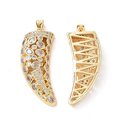 Clear Brass Micro Pave Cubic Zirconia Pendants, Real 18K Gold Plated, Horn/Tusk Charm, Clear, 43.5x17.5x6mm, Hole: 4x3.5mm