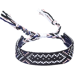 Black Polyester-cotton Braided Rhombus Pattern Cord Bracelet, Ethnic Tribal Adjustable Brazilian Bracelet for Women, Black, 5-7/8~11 inch(15~28cm)