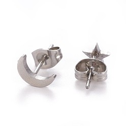 Stainless Steel Color 304 Stainless Steel Stud Earrings, Hypoallergenic Earrings, with Ear Nuts/Earring Back, Moon & Star, Stainless Steel Color, 8x5mm, 6x6mm, Pin: 0.8mm, 12sets/card
