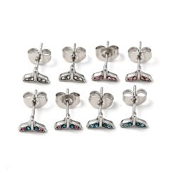 Mixed Color Rhinestone Whale Tail Shape Stud Earrings with 316 Surgical Stainless Steel Pins, Stainless Steel Color Plated 304 Stainless Steel Jewelry for Women, Mixed Color, 5.5x7.5mm, Pin: 0.8mm