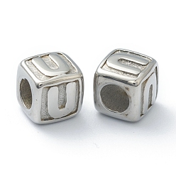 Letter U 304 Stainless Steel European Beads, Large Hole Beads, Horizontal Hole, Cube with Letter, Stainless Steel Color, Letter.U, 8x8x8mm, Hole: 4mm