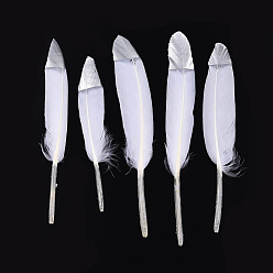White Goose Feather Costume Accessories, Dyed, Spray Silver Color, White, 128~165x17~25mm, about 100pcs/bag