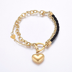Golden 304 Stainless Steel Link & Charm Bracelets, with Lobster Claw Clasps and Leather Cord, Heart, Golden, 8-1/4 inch(21cm), 2~15mm