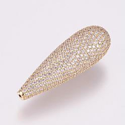 Golden Brass Micro Pave Cubic Zirconia Beads, teardrop, Golden, 37x12mm, Hole: 0.5mm