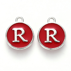 Letter R Platinum Plated Alloy Enamel Charms, Cadmium Free & Lead Free, Enamelled Sequins, Flat Round with Letter, Red, Letter.R, 14x12x2mm, Hole: 1.5mm