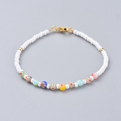 Golden Millefiori Glass Beaded Bracelets, with Round Glass Seed Beads, Brass Beads and 304 Stainless Steel Lobster Claw Clasps, Colorful, 7-1/8 inch(18cm), 3mm