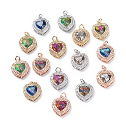 Mixed Color Brass Micro Pave Cubic Zirconia Pendants, Heart, Mixed Color, 16.5x14x6mm, Hole: 3.4mm, Jump Ring: 5x0.8mm