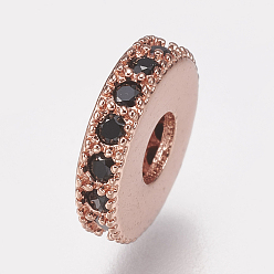 Rose Gold Brass Micro Pave Cubic Zirconia Bead Spacers, Flat Round, Black, Rose Gold, 8x2mm, Hole: 3mm