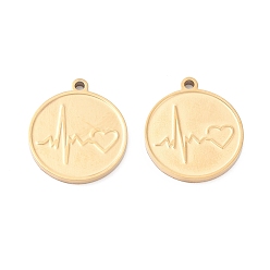 Real 18K Gold Plated Vacuum Plating 304 Stainless Steel Pendant Cabochon Settings for Enamel, Manual Polishing, Flat Round with Heartbeat, Real 18K Gold Plated, 17x15x1mm, Hole: 1.2mm