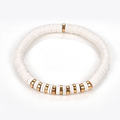 Blanc Bracelets élastiques faits à la main de perles heishi en pâte polymère, avec des non-magnétiques perles synthétiques d'hématite, blanc, diamètre intérieur: 2-3/8 pouce (6.2 cm)