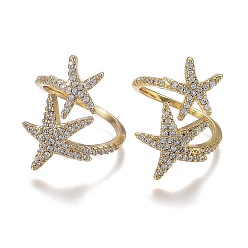 Real 18K Gold Plated Adjustable Brass Micro Pave Clear Cubic Zirconia Cuff Rings, Open Rings, Wide Band Rings, Long-Lasting Plated, Starfish, Real 18K Gold Plated, 2mm, Inner Diameter: 17mm