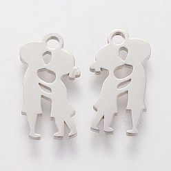 Stainless Steel Color 201 Stainless Steel Charms, Lovers Silhouette Charms, Stainless Steel Color, 15x8x1.1mm, Hole: 1.5mm