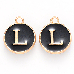 Letter L Golden Plated Alloy Charms, with Enamel, Enamelled Sequins, Flat Round, Black, Letter.L, 14x12x2mm, Hole: 1.5mm, 50pcs/Box