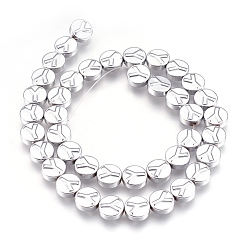 Platinum Plated Non-magnetic Synthetic Hematite Bead Strands, Polished, Flat Round with Letter.Y, Platinum Plated, 10x4mm, Hole: 1mm, about 40pcs/strand, 15.7 inch(40cm)