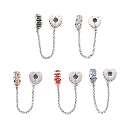 Mixed Color 304 Stainless Steel Heart Safety Chain Clip Lock Stopper Charms, European Clasps, with Rhinestone, Stainless Steel Color, for European Charm Bracelets, Mixed Color, 82mm, Hole: 3.5mm