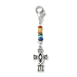 Antique Silver Crucifix Cross with Jesus Fish Alloy Enamel Pendant Decorations, Chakra Natural & Synthetic Stone Beads and Lobster Claw Clasps Charms , Antique Silver, 66mm