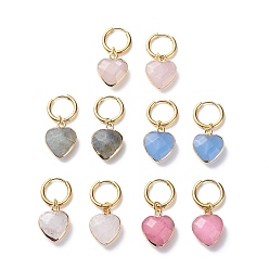 Mixed Stone Natural Gemstone Heart Dangle Earrings, Gold Plated 304 Stainless Steel Jewelry for Women, 30mm, Pin: 0.9mm