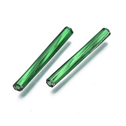 Green Plated Opaque Glass Twisted Bugle Beads, Round Hole, Green Plated, 25~26x2.5mm, Hole: 1mm, about 1500pcs/bag