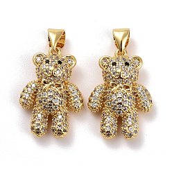 Clear Brass Micro Pave Clear Cubic Zirconia Pendants, Real 18K Gold Plated, Lead Free & Cadmium Free, Bear, Clear, 20x14x6mm, Hole: 4x3.5mm