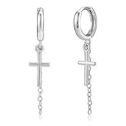 Platinum Cross Huggie Hoop Earrings Gold Plated Minimalist Cross Charm Dangle Drop Earrings Jewelry Gift for Women Men, Platinum, 35.7x11.8mm, Pin: 1mm