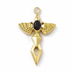 Jet Vacuum Plating 201 Stainless Steel Pendants, with Rhinestone, Real 18K Gold Plated, Sword with Wing Charms, Jet, 44.5x27x6mm, Hole: 3mm