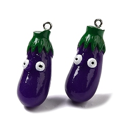 Purple Cartoon Opaque Resin Vegetable Pendants, Funny Eye Eggplant Charms with Platinum Plated Iron Loops, Purple, 37x14.5x15.5mm, Hole: 2mm