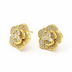 Real 18K Gold Plated Rack Plating Brass Micro Pave Cubic Zirconia Stud Earrings for Women, Long-Lasting Plated, Lead Free & Cadmium Free, Flower, Real 18K Gold Plated, 14.5x15mm, Pin: 1mm