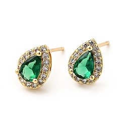 Real 18K Gold Plated Green Cubic Zirconia Teardrop Stud Earrings, Rack Plating Brass Jewelry for Women, Real 18K Gold Plated, 9x7mm, Pin: 0.8mm
