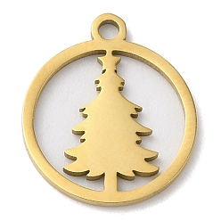 Oro Colgantes de acero inoxidable 201 navideños, Redondo plano con el árbol de Navidad, dorado, 15x13x1 mm, agujero: 1.5 mm