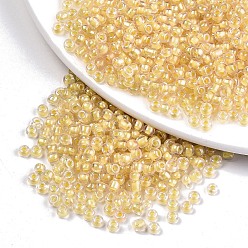 Oro 12/0 perlas de cristal de la semilla, transparente interior colores lustre, agujero redondo, rondo, oro, 12/0, 2~2.5x1.5~2 mm, agujero: 0.8 mm, sobre 30000 unidades / bolsa
