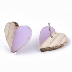 Plum Transparent Resin & Wood Stud Earrings, with 304 Stainless Steel Pin, Heart, Plum, 15x14~15mm, Pin: 0.7mm