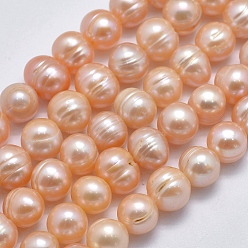Light Salmon Natural Cultured Freshwater Pearl Beads Strands, Potato, Light Salmon, 9~11x8~9mm, Hole: 0.8mm, about 41~43pcs/strand, 14 inch(35.5cm)